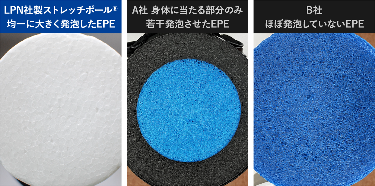 ストレッチポール芯材の比較（LPN社・A社・B社）